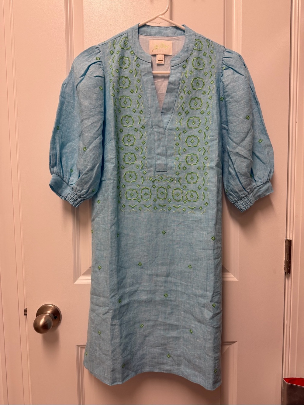 Lilly Pulitzer Light Blue Linen Dress with Lime Green Embroidery